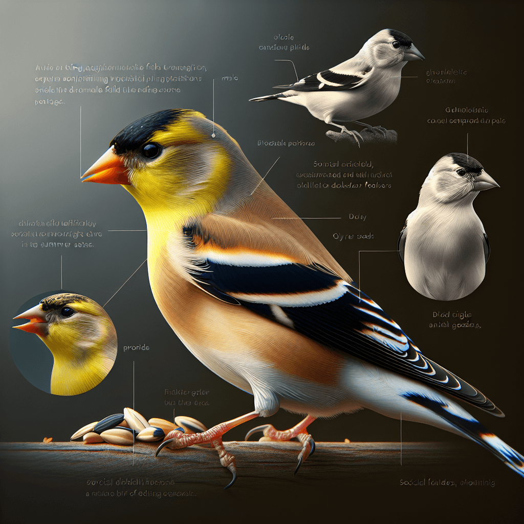 A small yellow songbird with a black cap and black wings marked with white bars, perched on a thistle plant, showing the distinctive conical seed-eating bill and compact finch body shape