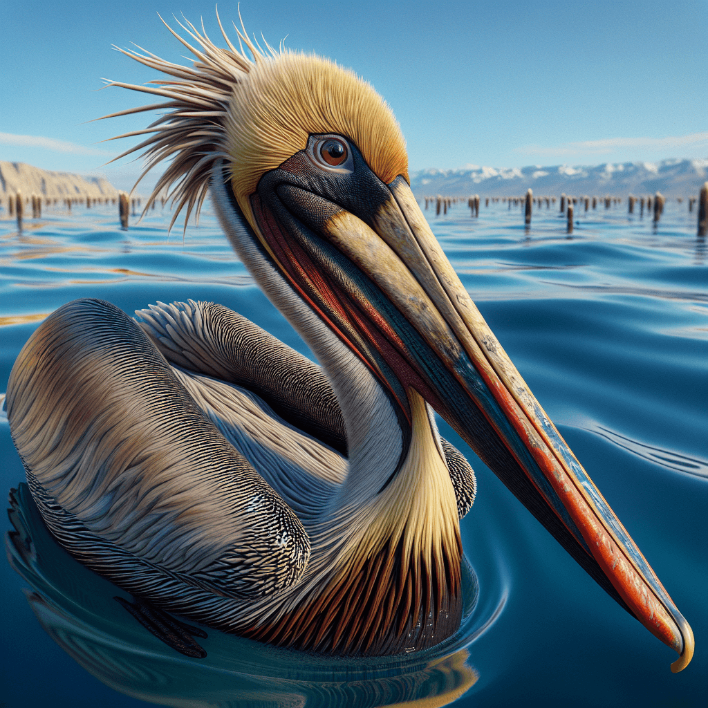 Large brown and gray pelican with enormous pale bill and throat pouch, white head and neck, sitting on wooden dock post near blue water