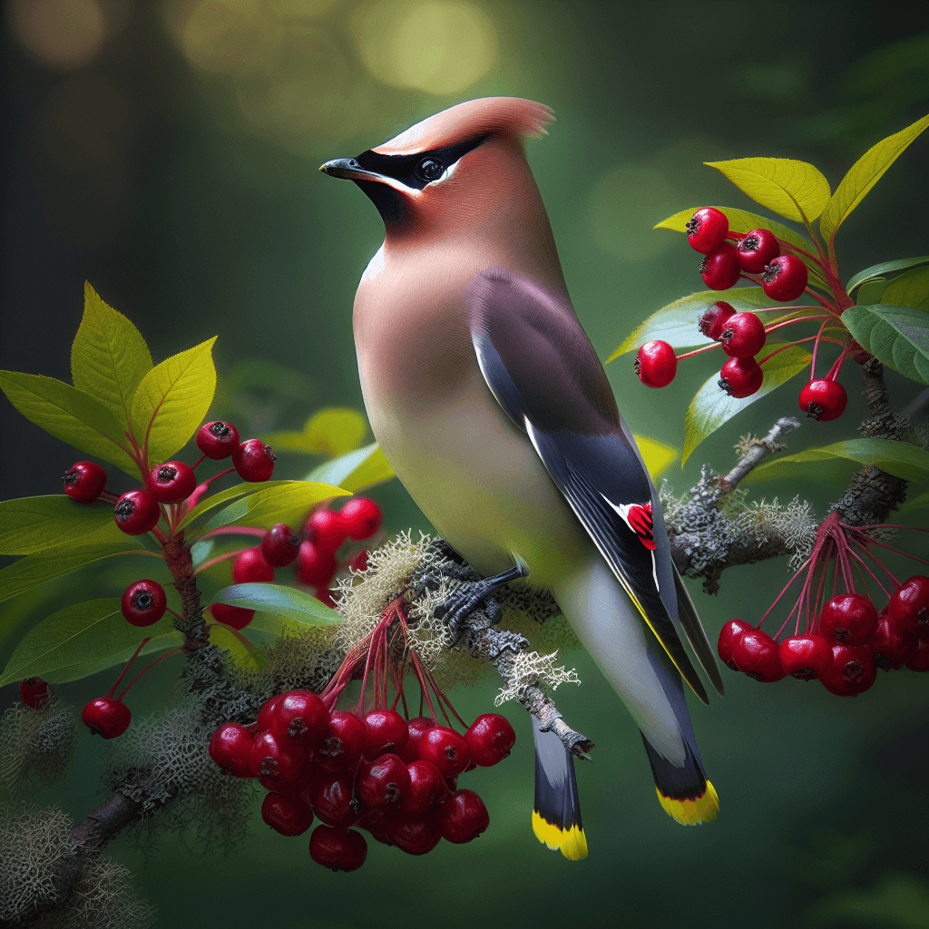 A medium-sized songbird with smooth, silky brown plumage, a pointed crest, distinctive black mask through the eye, bright yellow band across the tail tip, and small waxy red tips visible on the wing feathers