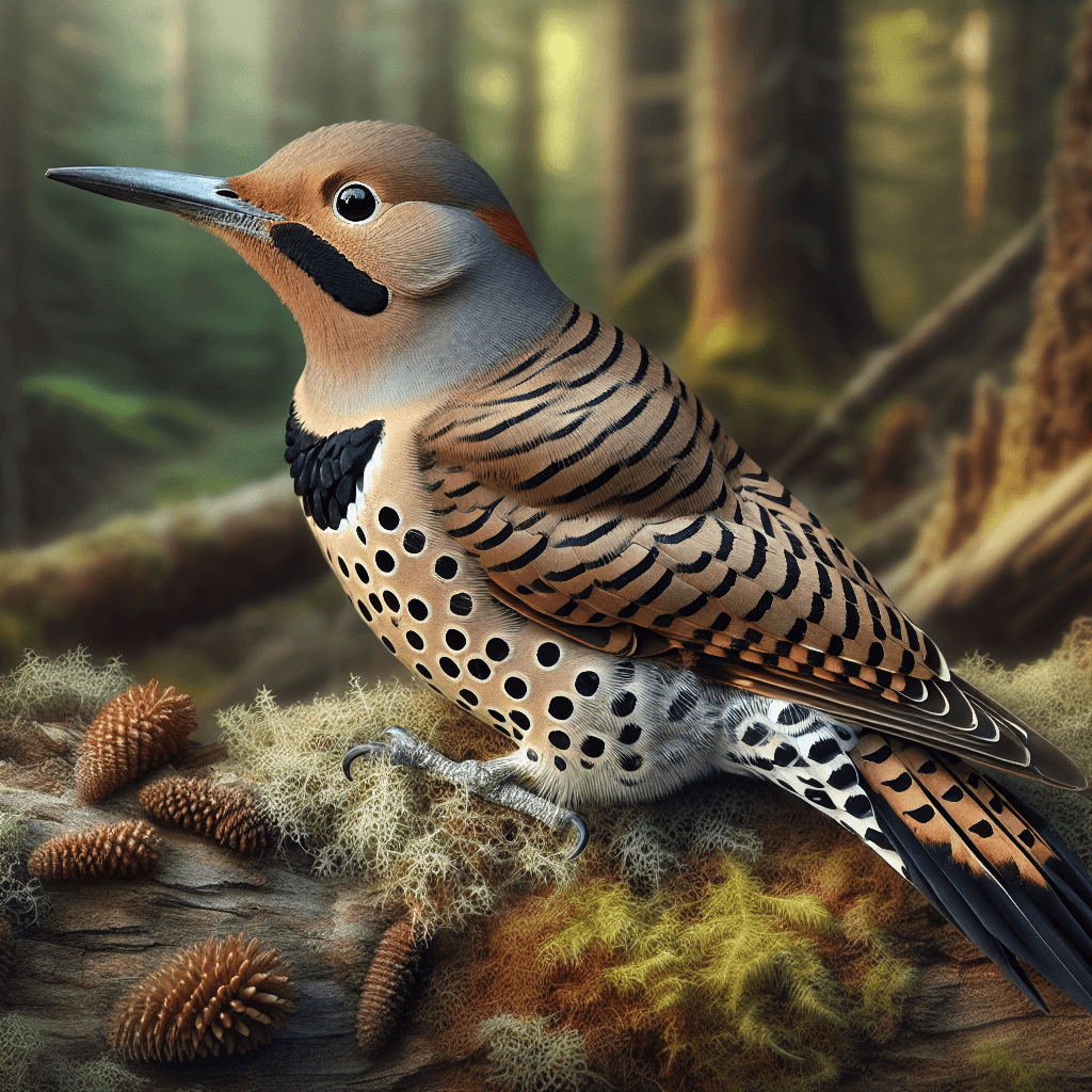 A large brownish woodpecker with a spotted breast, black crescentic bib, and distinctive barred pattern on wings and back, perched on a tree trunk showing its characteristic curved bill