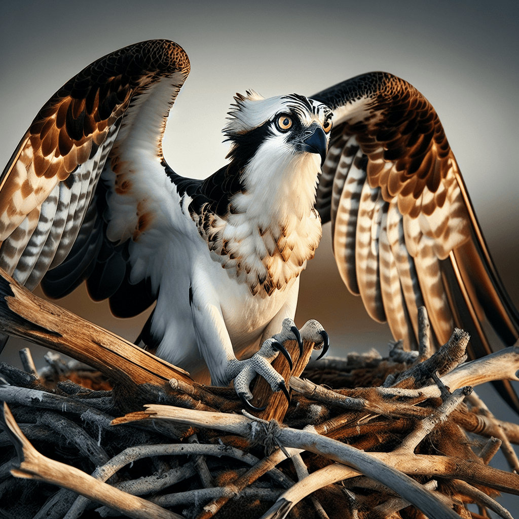 Large raptor perched near water showing white head with dark eye stripe, brown back and wings, white chest and belly, yellow eyes, and black hooked beak designed for catching fish