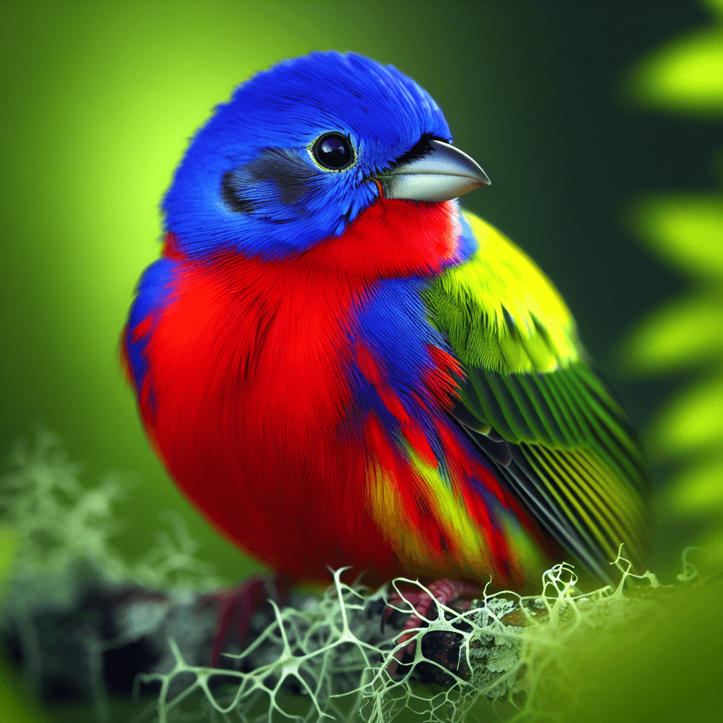 A small, compact songbird perched on a branch showing a male Painted Bunting with brilliant red breast and belly, deep cobalt blue head, and emerald green back and wings, with a thick, pale-colored seed-eating bill