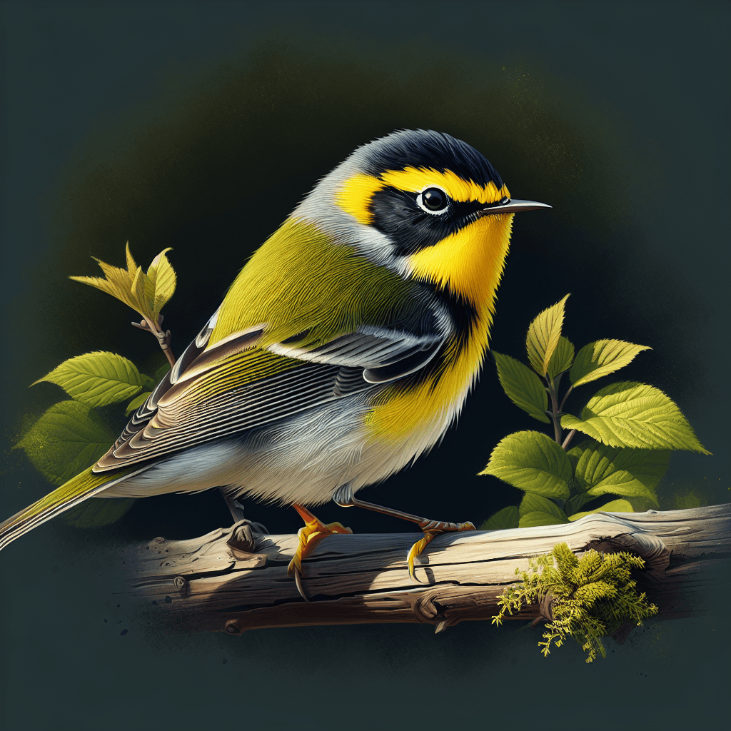 A small olive-green and yellow warbler perched on a thin branch, with the male showing a distinctive black throat patch contrasting against bright yellow underparts and forehead