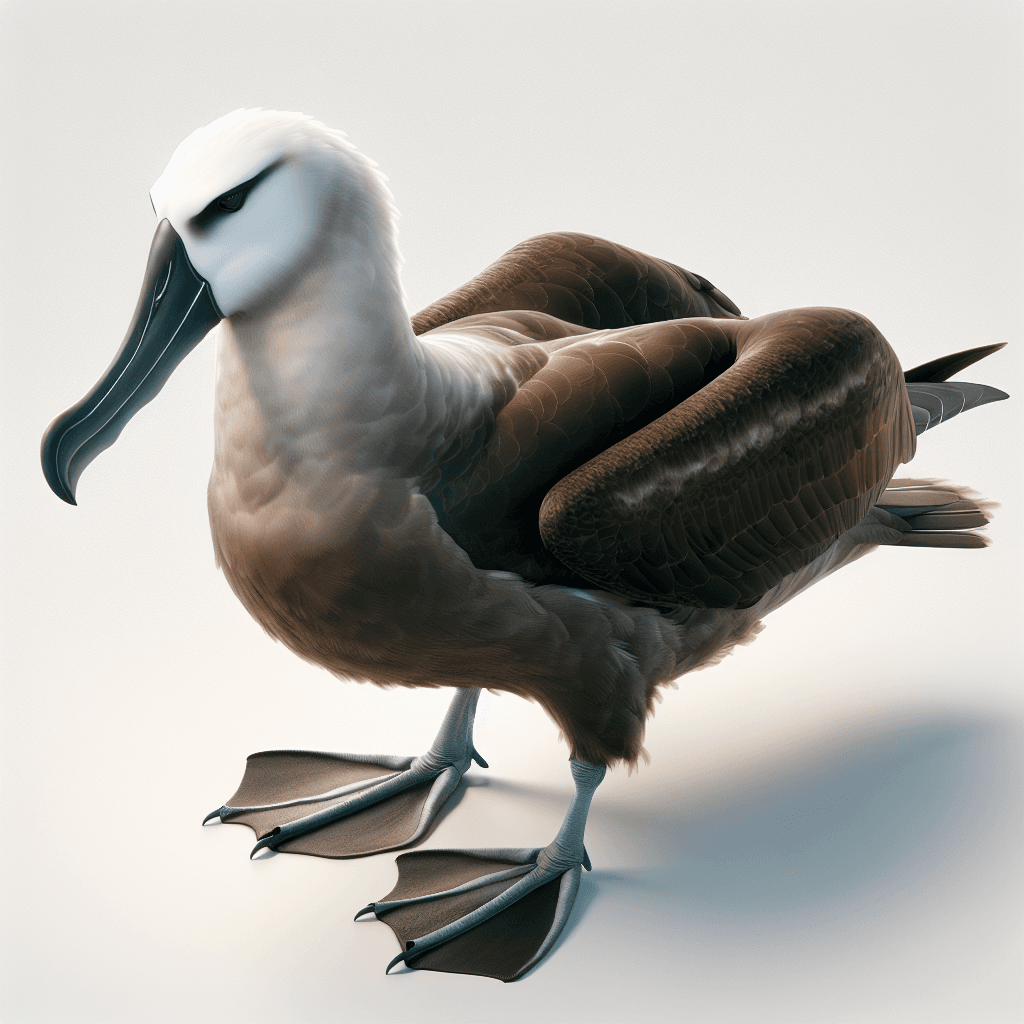 A dark brown albatross with a pale yellowish face and throat, black bill, and black webbed feet, shown gliding low over ocean waves with wings outstretched