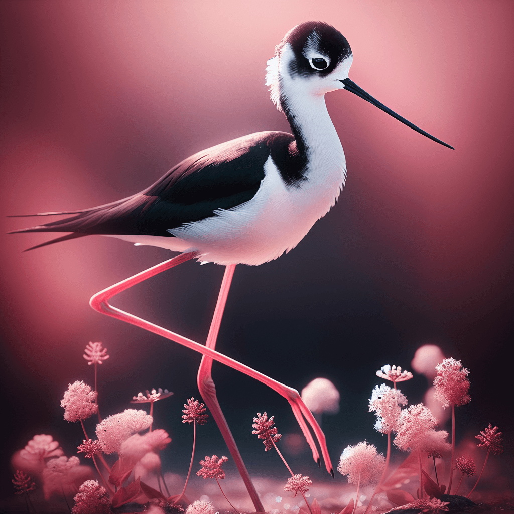 A tall, elegant black and white wading bird standing in shallow water, with distinctive extremely long bright pink legs, a straight black needle-like bill, black head and back contrasting sharply with white breast and belly