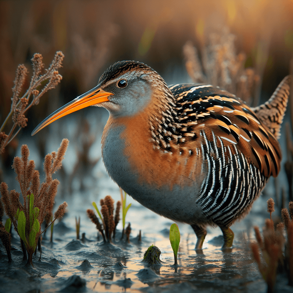 A medium-sized marsh bird with mottled brown and gray plumage standing among salt marsh vegetation, showing its distinctive long orange bill and large feet adapted for muddy terrain