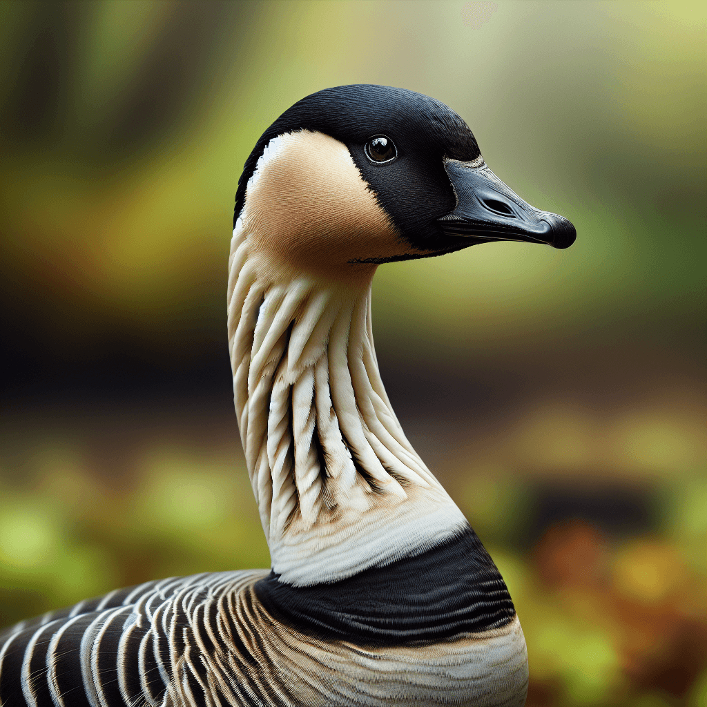 A brown and black goose with a distinctive black head and neck, cream-colored cheek patches, and barred brown and black plumage on the back, standing on dark volcanic rock with sparse vegetation