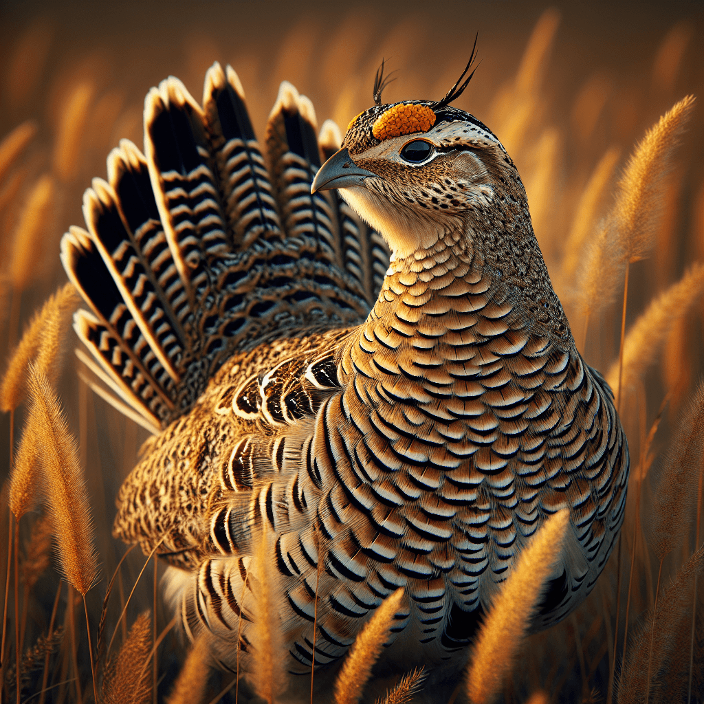 A mottled brown and buff prairie grouse standing in short grassland, with intricate barring patterns across its plumage and a short, fan-shaped tail visible against the golden prairie backdrop