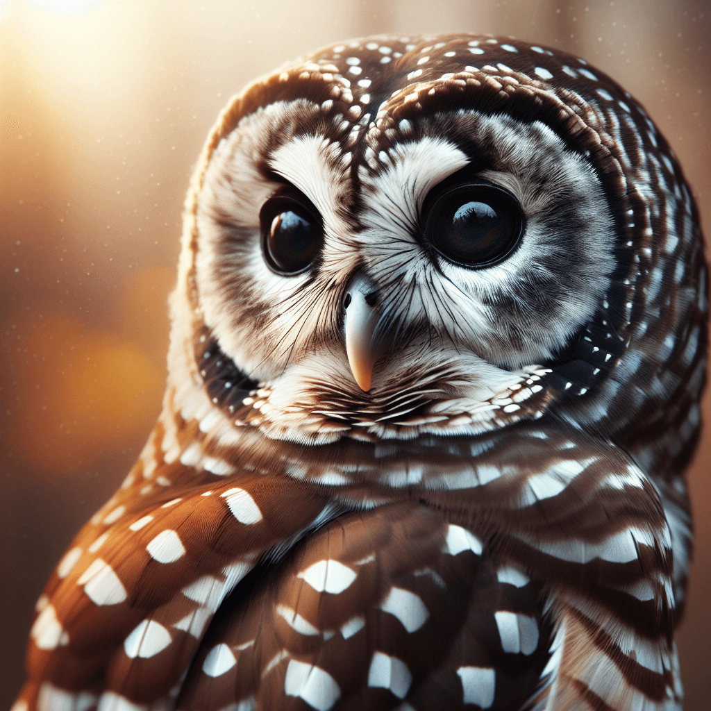 A brown owl with distinctive white spots across its plumage perched on a moss-covered branch in a dense, old-growth forest setting, showing its large dark eyes and rounded facial disc