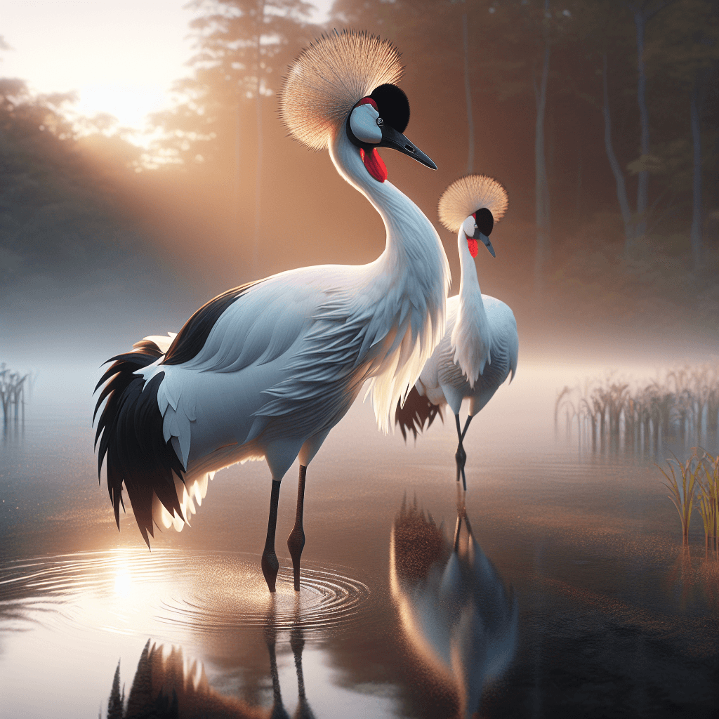 A tall, graceful white crane with black markings on its neck and wing tips, displaying a bright red crown patch on top of its head, standing in a wetland marsh with long legs clearly visible
