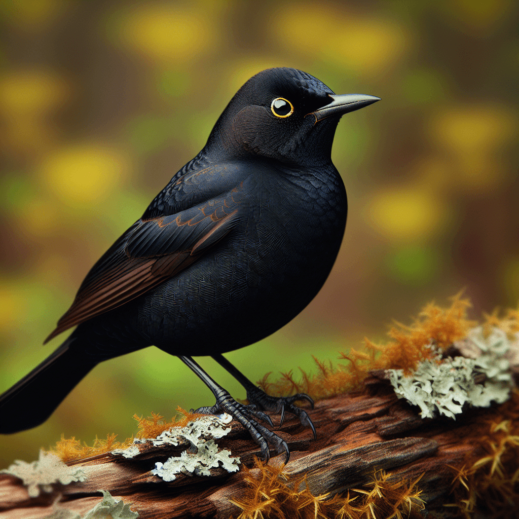 A dark-colored songbird with bright yellow eyes perched on a branch, showing the characteristic slender bill and rusty-tinged feathers on the wings and back that give this species its common name